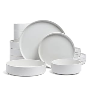 over&back Stackable Dinnerware Set – Stoneware Dishes – Comes with 4 Dinner Plates, 4 Salad Plates, 4 Cereal Bowls, and 4 Dinner Bowls – 16-Piece All-Occasion Place Settings – Semi-Matte White
