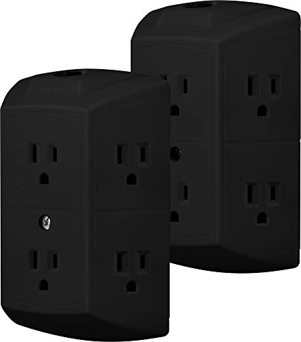 GE 6-Outlet Extender, 2 Pack, Grounded Wall Tap, Reset Button, Circuit Breaker, Adapter Spaced Outlets, 3-Prong, Quick and Easy Install, UL Listed, Black, 48779