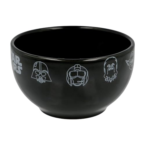 Elbenwald Ciotola per Cereali Star Wars - Ciotola con Icone Chewbacca R2-D2 Yoda e Darth Vader Motivo - 600 ml - Altezza 8 cm - Ø 13 cm - Ceramica - Nero