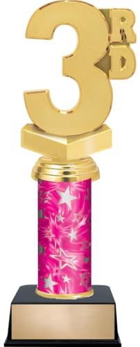 11" 3rd Place Trophies - Custom Engraved 1st, 2nd, 3rd Place Pink and Silver Star Column Trophy Awards