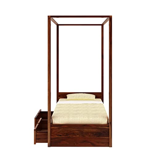 Image of Solid Sheesham Wood Single Size Poster Bed 2 Drawer Storage for Bed Room Living Room Home Wooden Double Bed Palang Solid Wood Bedroom Furniture for Hotel (Honey Finish)