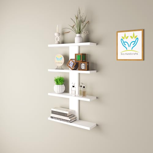 Image of Wooden Wall Mounted Floating Rack Shelves Book Stand Display Hanging Shelf Living Room Bedroom Storage Home Office for Decoration Showcase (White)