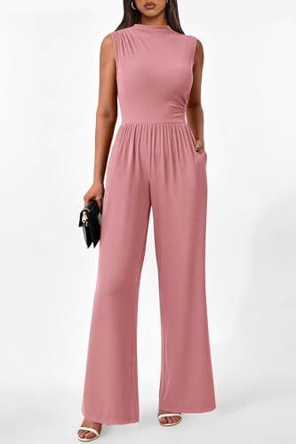 Image of PRETTYGARDEN Women's Summer Dressy Casual Jumpsuits | Cozy Ribbed Fabric, Sleeveless Mock Neck, Back Zipper, Pockets, Wide Leg Pants Rompers, Fashion Clothing, One Piece Outfits