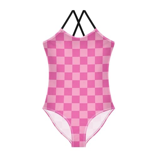 Pink Checkered Board Girls One Piece Swimsuits Hot Pink Sport Halter Swimwear Beach Bathing Suit 9-10T