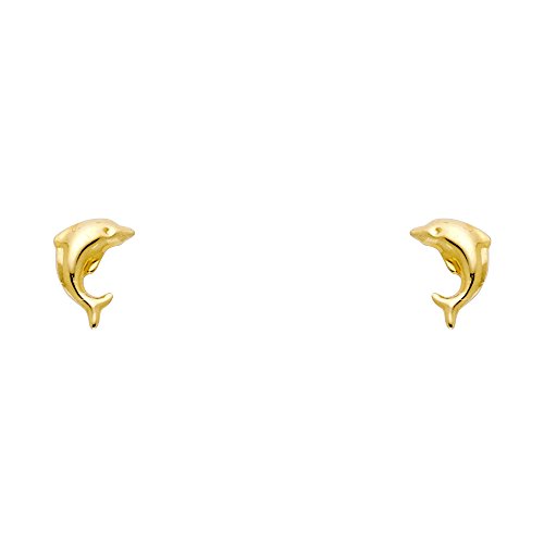 Wellingsale 14K Yellow Gold Polished Dolphin Stud Earrings With Screw Back2