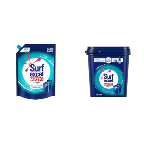 Surf Excel Top Load Matic Liquid Detergent Pouch - 2 L & Matic Top Load Detergent Powder - 4 Kg with Free 2 Kg Combo