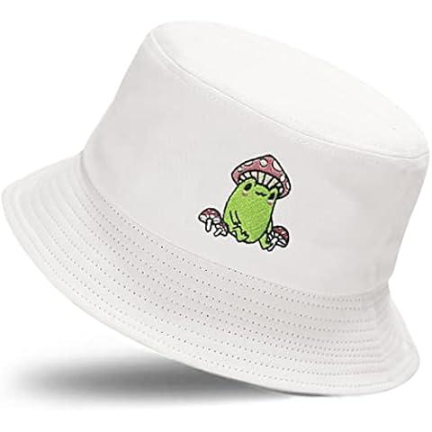 XYIYI Frog Mushroom White Embroidered Bucket Hats Funny Fisherman Hat Beach Cap for Women Teen Girls Cover