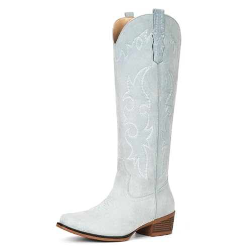 Fioralie Suede Cowboy Boots for Women Knee High Western Cowgirl Boots Pointed Toe Low Heel Classic Embroidered Boot