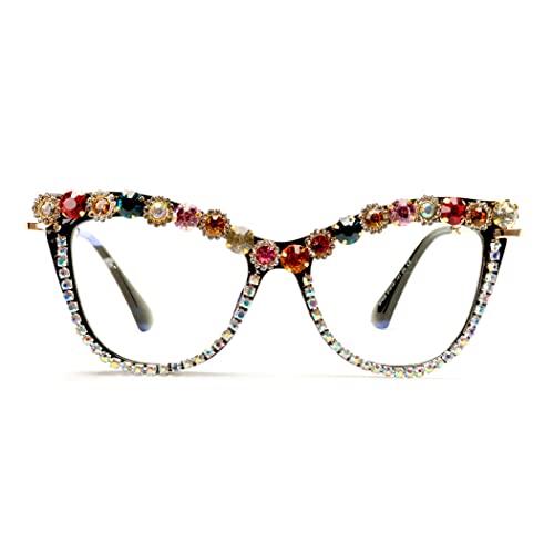 Image of Cat Eye Bling Colorful Rhinestone Reading Glasses For Women Blue Light Blocking Computer Eyewear (A diamond, 3.0)