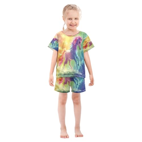 senya Short Sleeve Pajamas Sets Summer Cotton Sleepwear Unicorn Standing on The Rainbow Hand-painted Illustrat3