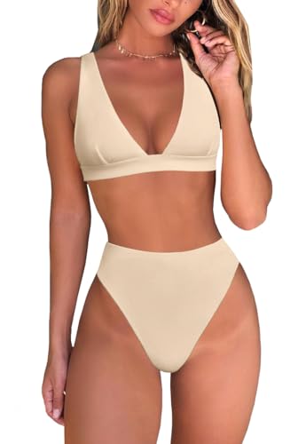 fatty tiger High Waisted Thong Bikini Sets Solid Paded Two Piece Swimsuit Crisscross Back Sexy Bathing Suits Beige M
