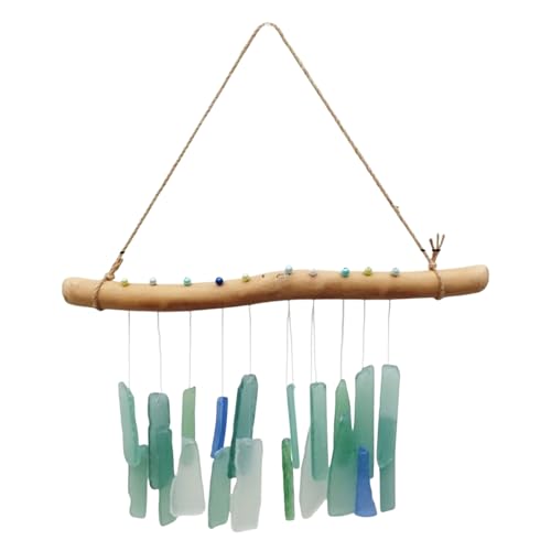 Blue Sea Glass Wind Chime, Wind Chimes for Garden, 35x30cm OceanArt with Driftwood, Natural Beach Decor for Garden, Patio & Home