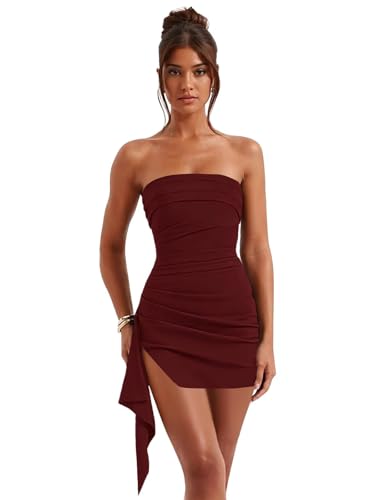 UZN Satin HOCO Dress Short Strapless Homecoming Dresses for Teens Satin Ruffle Slit Prom Cocktail Gown