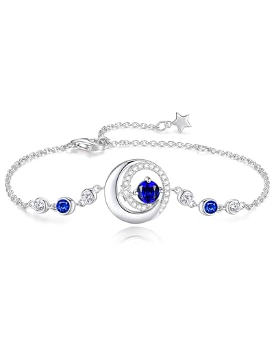 FANCIME Birthstone Bracelets 925 Sterling Silver Moon and Star Bangle Charm Bracelet Fine Jewelry Birthday Anniversary Christmas Day Gift for Her Women, Adjustable Chain 6.7