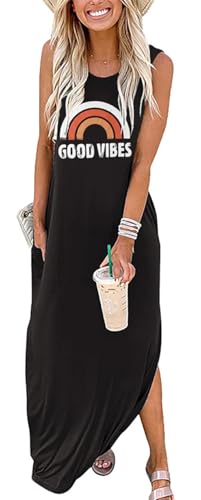 Image of Good Vibes Rainbow Graphic Dress Womens Sleeveless Pocket Maxi Dress Hawaiian Beach Beach Tank Dress