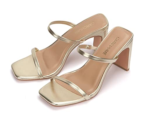 Image of Carcuume Women's Square Toe Two Strap Open Toe Block Heels Sandals Slip On Shoes