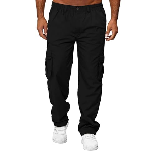 Hawyet Casual Cargo Pants for Men Solid Color Elastic Waist Multi Pockets Loose Fit Straight Leg Outdoor Work Pants