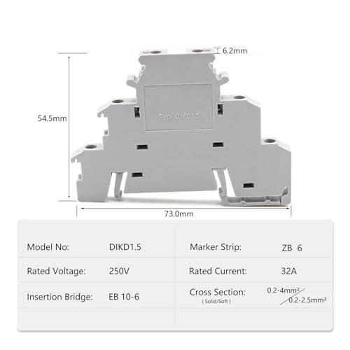 Bornier rail DIN DIKD 1.5 compact à vis trois couches 24A lot de 10