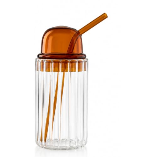 Image of Premium Ribbed Glass Tumbler with Glass Lid & Straw | Borosilicate Drinking Glass for Iced Coffee, Juice, Smoothies & Cold Beverages | Lightweight Aesthetic Glass Cup (Amber Tumbler)