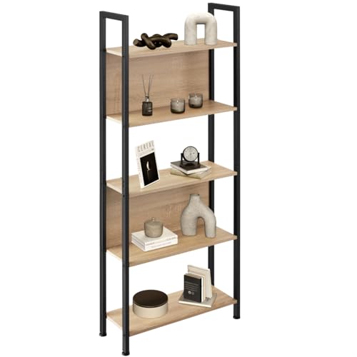 tectake® Estanteria Pared, Estanteria libros, Mueble Auxiliar Baño con 5 Baldas, Estantería madera para Oficina y Recibidor - 62 x 24 x 165,5 cm Madera Industrial Clara, Roble Sonoma