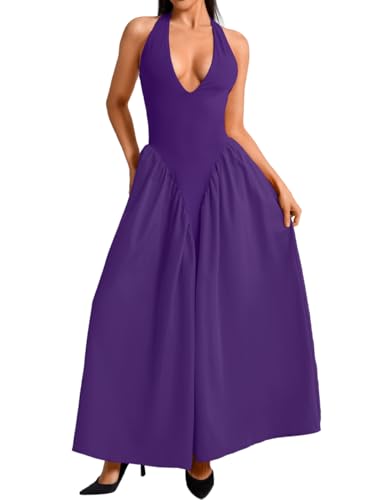 Image of ChiaoLezhee Deep V Neck Dress, Halter Maxi Dresses, Vacation Date Night, Sexy for Women Corset Flowy Wedding Guest Drop Waist