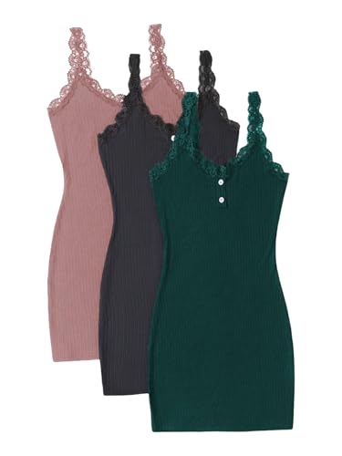 Image of SOLY HUX Women's 3 Packs Nightgowns Soft Sexy Lace Trim Sleep Dress Chemise Pajamas Sleepwear Cami Mini Slip Dresses