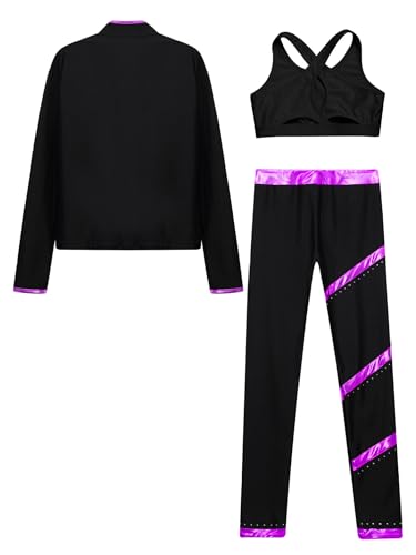 Kids Girls 3Pcs Skating Gymnastics Performance Sportsuit Sleeveless Crop Top Zipper Jacket and Leggings Set4