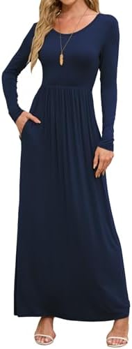 DEARCASE Women's Maxi Dress Long Sleeve Crewneck Loose Plain Casual Empire Waist Fall Party Long Dresses with Pockets