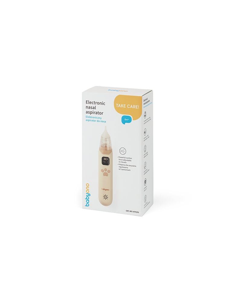 BabyOno Aspirador nasal electrónico, silicona, 3 boquillas suaves, carga USB-C, 65 kPa, 50 dB, modelo 1470/01