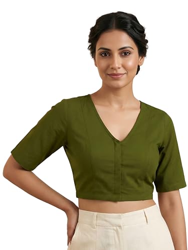 Image of Yash Gallery Women's Stretchable Rayon Lycra V-Neck Short Sleeve Front Open with Hook Stylish Crop Blouse Top for Ethnic Beige Designer Festive Choli Blouse