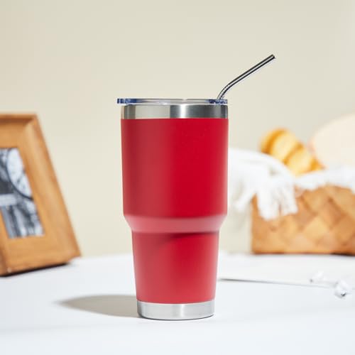 Image of MEWAY 30oz Insulated Tumbler With Lids and Straws,Stainless Steel Double Vacuum Coffee Tumbler Cup, Brush, Durable Powder Coated Coffee Cup for Cold & Hot Drinks, Office, Travel(Coral red,4 PACK)