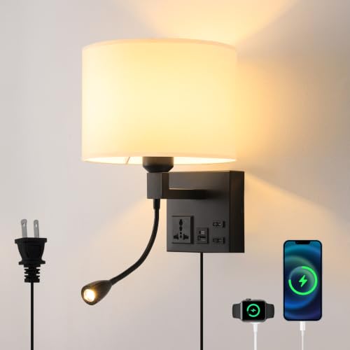 Image of Plug in Wall Sconces with Reading Light, Wall Lamp Bulb Included | Wall Lights for Bedroom Living Room, Headboard with 3 Color Temperature, Bedside Lamp with AC Outlet & USBA+C Charging Port