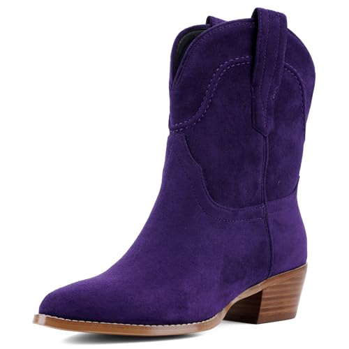 XUNHGAXE Cowboy Ankle Boots for Women Suede Western with Pointed Toe Classic Vintage Low Chunky Heel Fashion Short Booties for Casual Party-Purple-9