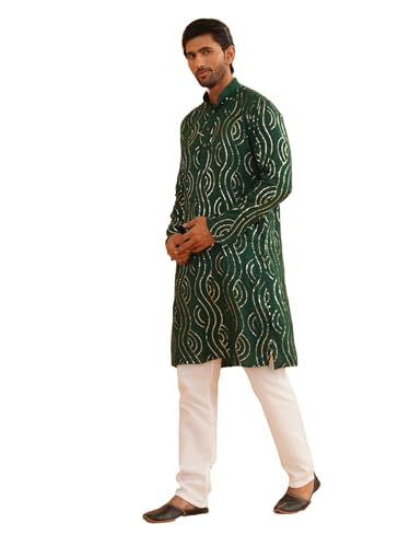 Image of SOJANYA (Since 1958 Men's Embroidered Sequinned Cotton Kurta With Churidar Pyjama Set