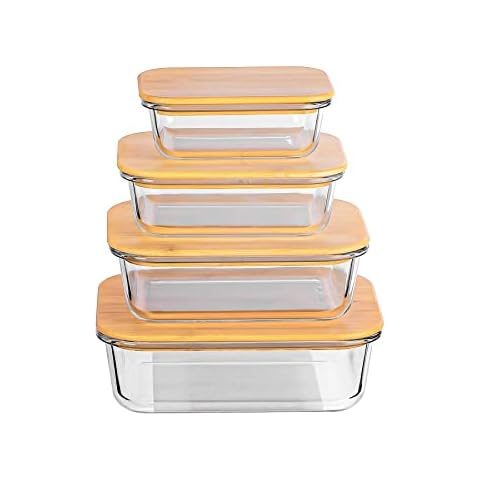 iTrend 4pc Glass Food Storage Set with Bamboo Lids - Leakproof & Airtight Boxes - Plastic-Free, Heat & Cold Resistant Glass - Microwave, Oven & Dishwasher Safe - Ideal for Lunch, Meal Prep & Baking Cover