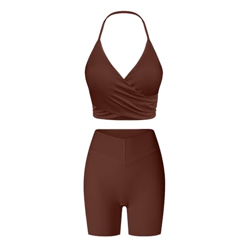 GRECERELLE Trajes de verano para mujer, traje de yoga de dos piezas, chándal de entrenamiento, crops, parte superior, cintura alta, elástica, pantalones rectos, chándal, ropa deportiva casual