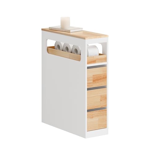 SoBuy Meuble Salle de Bain Colonne de Rangement, Petit Meuble Salle de Bain Meuble Compact avec Roues, Tiroirs et Séparateurs, Blanc+Naturel, 65x23x82cm, BZR54-III-WN