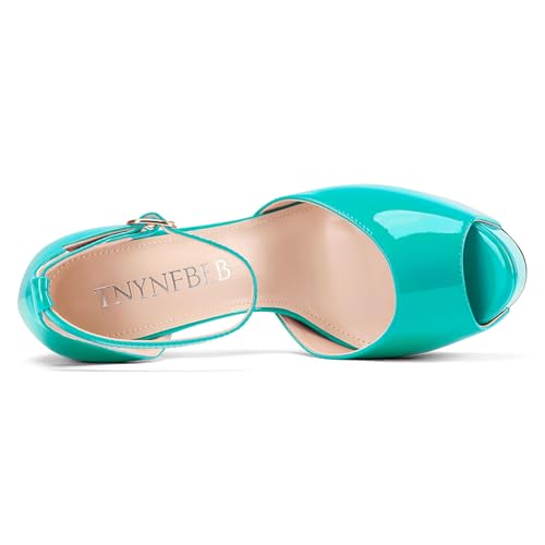 Image of TNYNFBEB Womens Stiletto High Platform Heel Peep Open Toe Sandals Ankle Strap Buckle Prom Party Dress Patent Leather 6.1 Inches Heels
