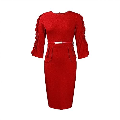 Long Dress Women Women Plus Size Midi Pencil Dress Ruffle Party Club Cocktail Bodycon Wrap Dresses Crew Neck4
