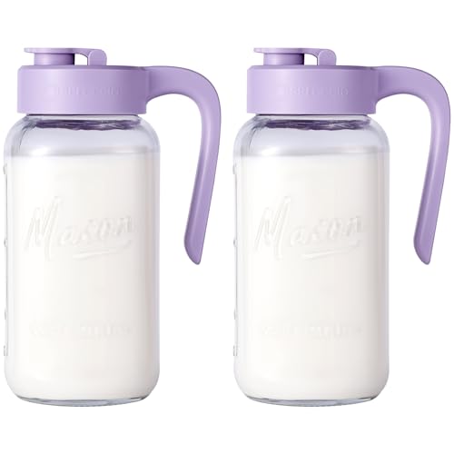 Image of Mason Jar Pitcher - Airtight & Leakproof Glass Pitcher with Lid[set of 2], Perfect for Breastmilk, Cold Brew, and Sun Tea, 2 Quart (64 oz) Mason Jar with Pour Spout Lid