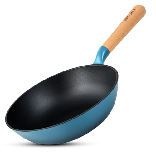 Image of BERGNER Excalibur Lightweight Cast Iron Wok 24cm (2L), Sturdy Wooden Handle, Non-Stick Coating, PFAS Free, Perfect Heat Distribution, Elegant Design - Induction and Gas Stove Ready (Blue)
