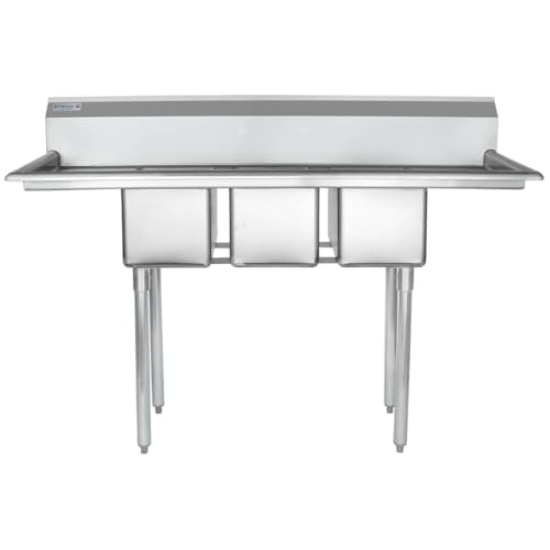 Image of Empura 58 inch Wide Stainless Steel Three Compartment Commercial Sink | Prep Utility 10 x 14 Bowl for Catering Laundry Garage | (2) 12 inch Drainboard, 9.75 inch Backsplash, 58 inchW x 19.5 inchD x 44.25 inchH, 18 Gauge, NSF