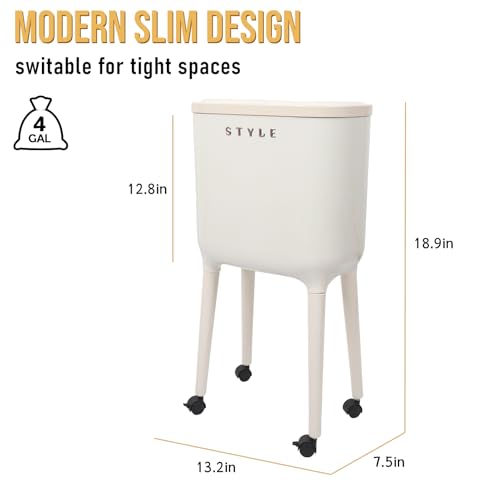 Image of XPIY 4 Gallon Bathroom Trash Can with Wheels and Lid, Slim Garbage Bin | Press top dog proof compact waste basket with high feet for bathroom, kitchen, bedroom, office. (1 Pack, White)