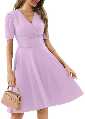 Image of Women's Summer Casual Dress Short Sleeve Wrap V-Neck A-Line Dress Sundress Wedding Guest Cocktail Midi Dresses