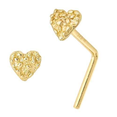 Jewelry Avalanche Solid 14K Yellow Gold Nugget Heart Nose Stud, Heart Shape Nose Ring 22G L-Bend, Ball-end, Nose Screw Stud, Unisex Nose Ring