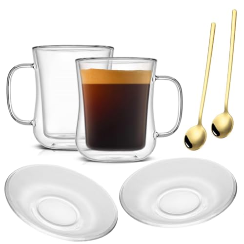 Image of Double Walled Glass Coffee Cups Set, Clear - Waisted Style - 2 Pack | Teacup with Saucer and Spoon Set of 2 Pack, 8.5oz/260ml for Latte, Handmade Insulated Borosilicate Tumbler
