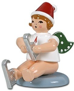 Ange de Noël en bois figurine artisanale avec patins à glace hauteur 6 cm