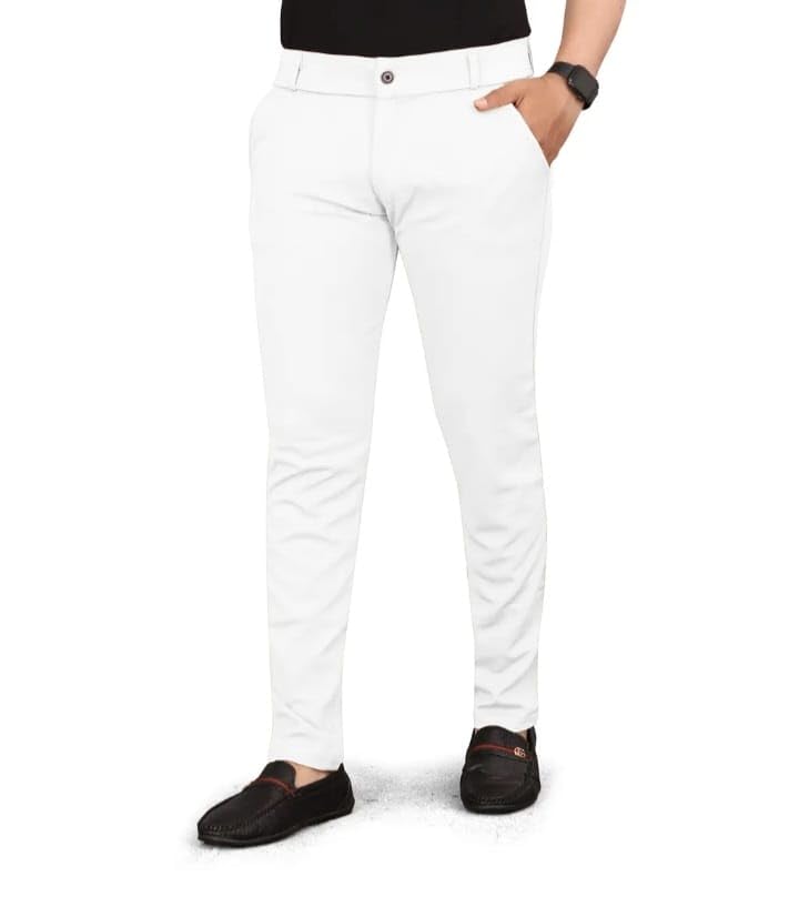 DENU’S ENTERPRISE Men’s Lycra Slim Fit Formal Trouser Pant in White – Regular Lycra Trouser for Men