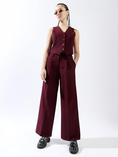 Image of High Star Women Solid Regular length Tailored Fit V neck Sleeveless Waistcoat and Wide leg Trouser Co-ord Set