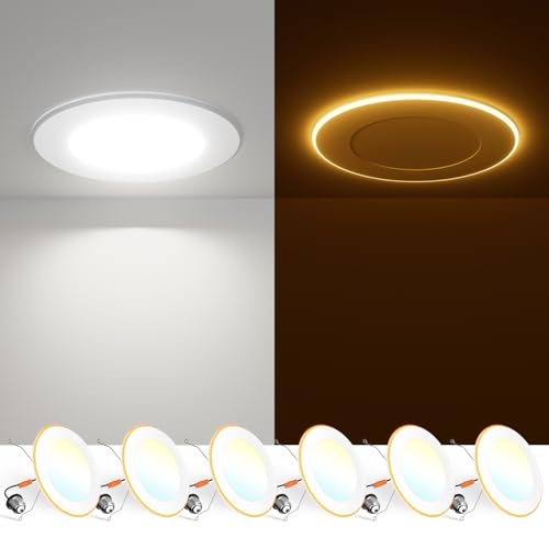 FREELICHT 6 Pack 5/6 Inch 5CCT LED Recessed Can Light with Night Light 2700K/3000K/4000K/5000K/6000K Selectable Flat Recessed Lighting 10W=110W 1000LM Dimmable Retrofit - ETL & FCC